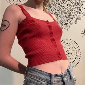 Red knit button up cropped tank top